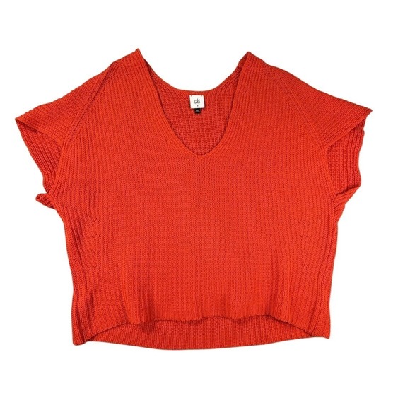 CAbi Sweaters - CAbi Ribbed Knit V Neck Top Womens Medium Orange Short Sleeve Sweater Style 5837
